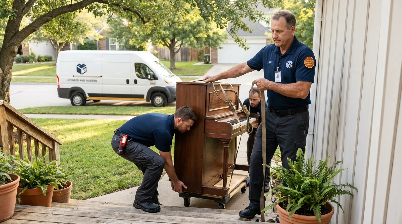 Licensed piano movers securing grand piano in Columbia, MD