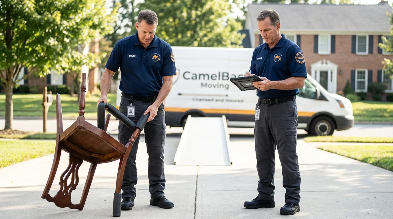 Movers inspecting furniture for damage prevention before loading in Columbia, MD