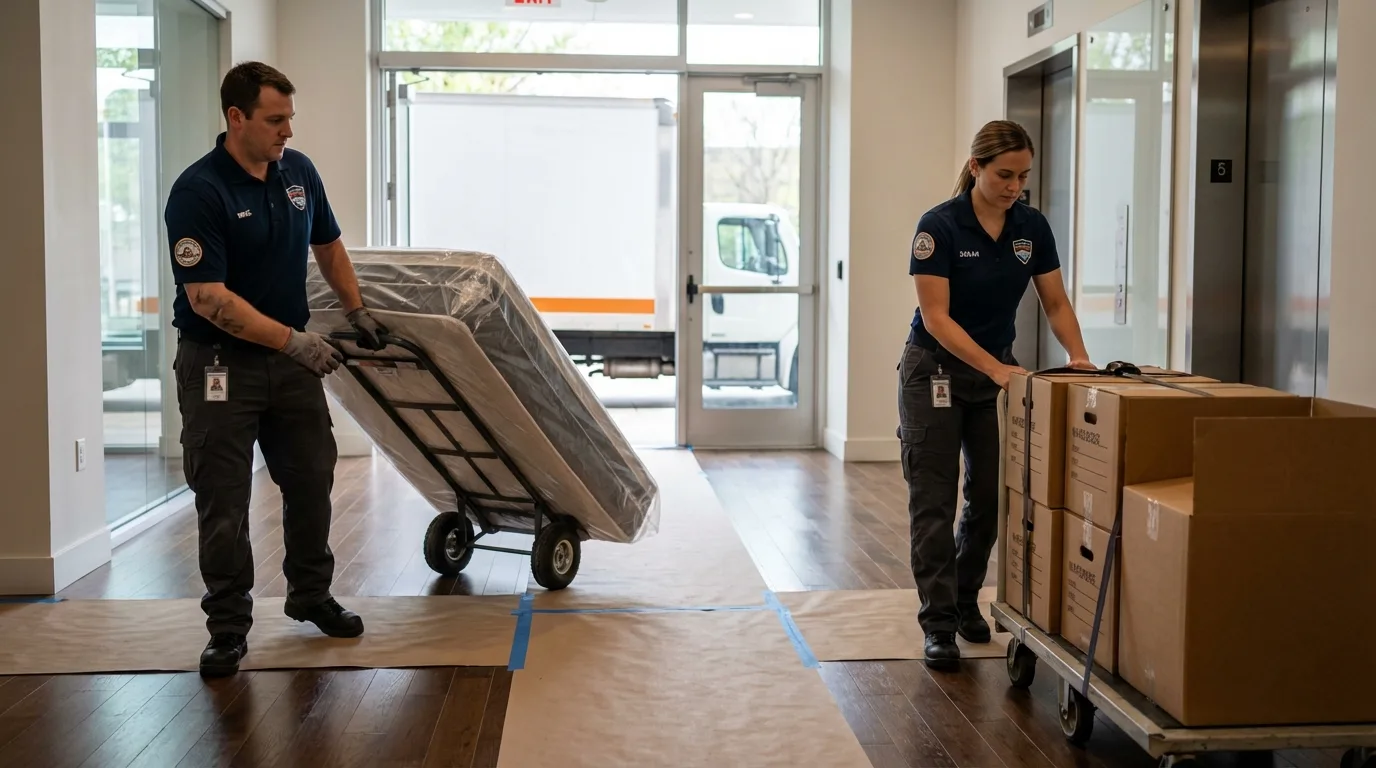 Professional apartment movers loading elevator in Columbia, MD