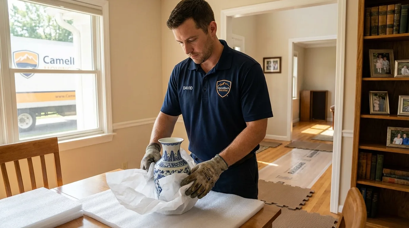 Professional crew carefully wrapping antique vase for senior downsizing move in Columbia, MD